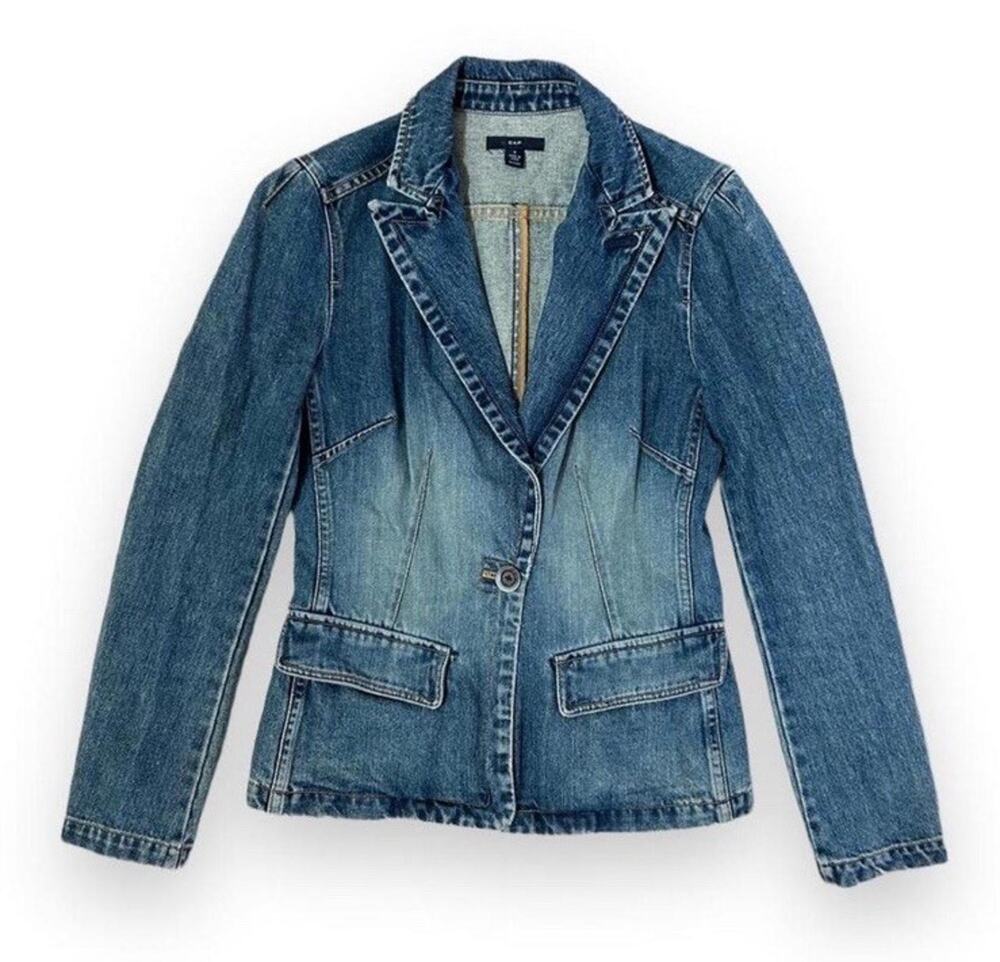 Gap Y2K Vintage Blue Denim Blazer Jean Jacket 100% Cotton Women’s Small Preppy